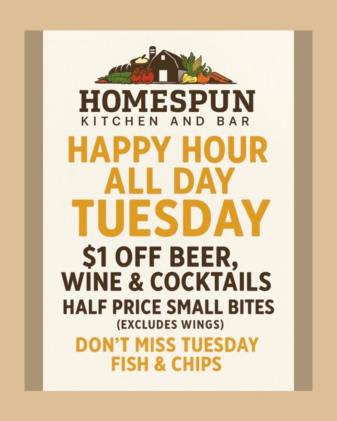 All-Day Happy Hour Tuesday at Homespun Kitchen and Bar — 1 of 2